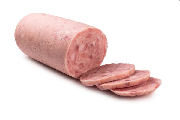 Saucisse Bouillie Isolée Sur Fond Blanc Tranches — Photo