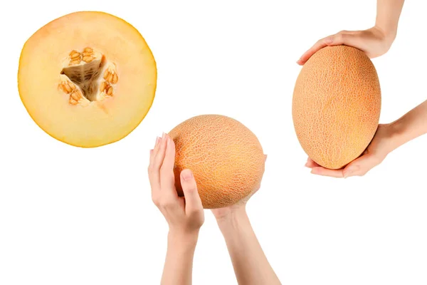 Meloen Handen Geïsoleerd Witte Achtergrond Bovenaanzicht — Stockfoto