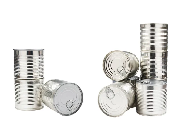 Group Silver Canned Food White Background Stock Photo