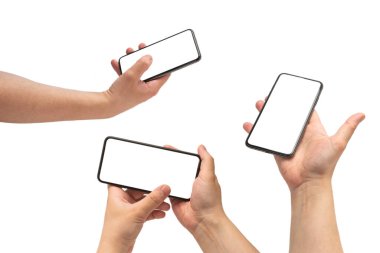 Beyaz arka planda elle izole edilmiş akıllı telefon. Beyaz perde. Boşluğu kopyala.