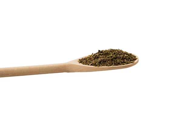 Oregano Krydda Trä Sked Isolerad Vit Bakgrund — Stockfoto