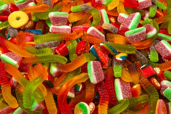 Assorted Tasty Gummy Candies Top View Jelly Sweets Background — Stock Photo, Image