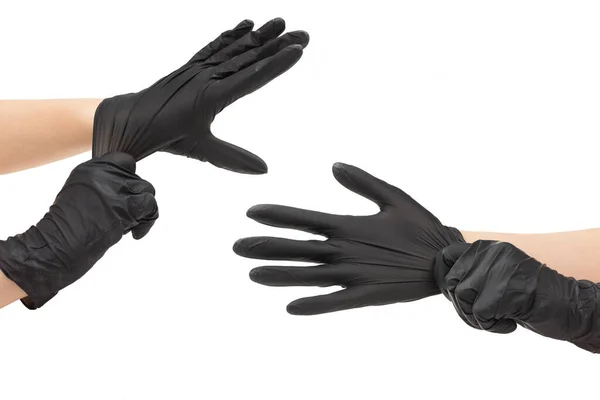 Woman Puts Black Rubber Gloves Isolated White — Stock Photo, Image