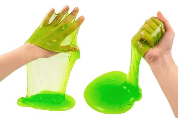 Grünes Schleimspielzeug Frauenhand Isoliert Auf Weiß Ansicht Von Oben — Stockfoto