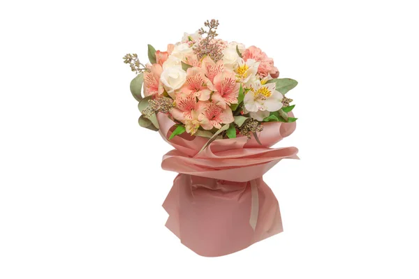 Букет Мягких Розовых Цветов Розовой Оберточной Бумаге — стоковое фото