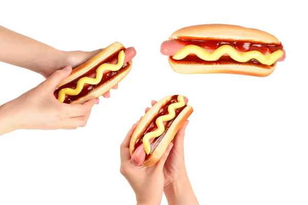 Hot Dog Mano Donna Isolato Sfondo Bianco Copia Spazio — Foto Stock