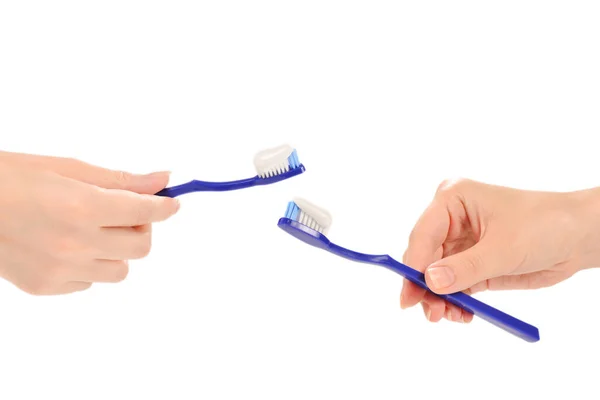 Woman Holds Toothbrush Toothpaste Her Hand Isolated White Background — Stock Photo, Image