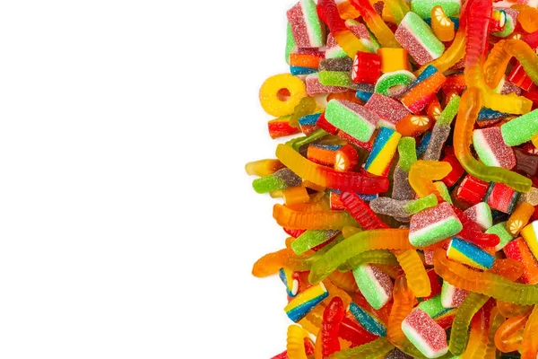 Assorted tasty gummy candies. Top view. Jelly  sweets background.
