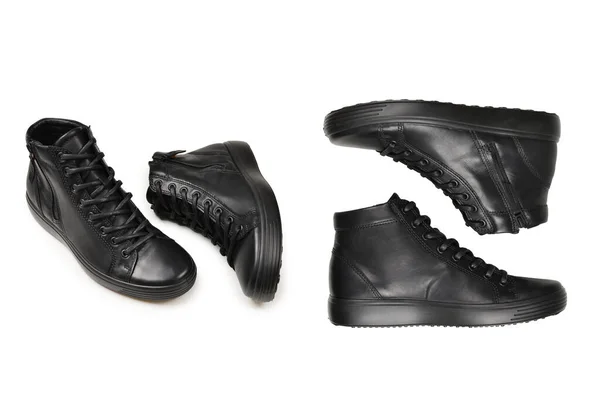 Men Black Leather Shoes Black Camera Isolated White Background Copy — Stock Photo, Image