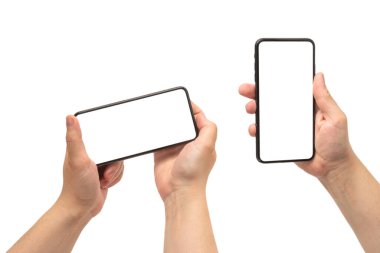 Beyaz arka planda elle izole edilmiş akıllı telefon. Beyaz perde. Boşluğu kopyala.