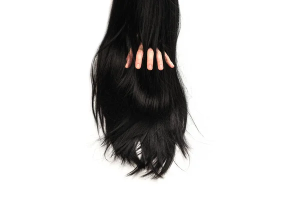 Mulher Mão Pontas Cabelo Preto Isolado Fundo Branco — Fotografia de Stock