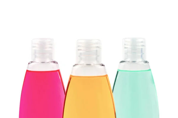 Cuatro Botellas Plástico Con Jabón Líquido Amarillo Verde Rojo —  Fotos de Stock