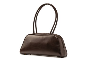 Bowling browni deri çantası beyaz arka planda izole edilmiş. Kadın moda çantası. 