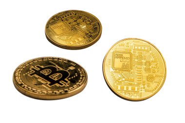 Beyaz arka planda izole edilmiş bir bitcoin. Üst görünüm. 