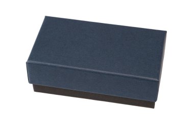 Beyaz arka planda mavi boş bir hediye kutusu var. Üst görünüm. 