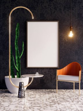 Art deco tarzı iç mockup Poster. 3D render. 3D çizim