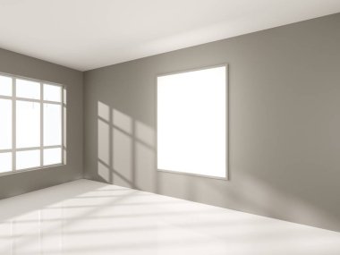 Parlak beton Oda boş posteri ile. Galeri, sergi, kavramı reklam. Alay etmek yukarıya, 3d çizim