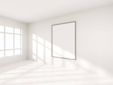 Parlak beton Oda boş posteri ile. Galeri, sergi, kavramı reklam. Alay etmek yukarıya, 3d çizim