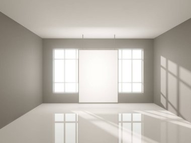 Parlak beton Oda boş posteri ile. Galeri, sergi, kavramı reklam. Alay etmek yukarıya, 3d çizim