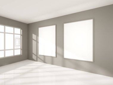 Parlak beton Oda boş posteri ile. Galeri, sergi, kavramı reklam. Alay etmek yukarıya, 3d çizim