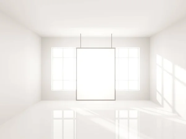 Sala de hormigón brillante con cartel vacío. Galería, exposición, concepto publicitario. Maquillaje, ilustración 3D —  Fotos de Stock
