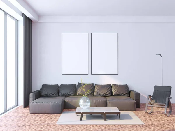 Vysmívat se rámeček a v bederní interiérových pozadí, skandinávský styl, 3d vykreslení 3d ilustrace — Stock fotografie