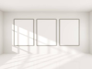 Parlak beton Oda boş posteri ile. Galeri, sergi, kavramı reklam. Alay etmek yukarıya, 3d çizim