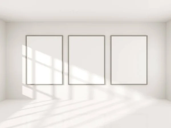 Salle en béton lumineux avec affiche vide. Galerie, exposition, concept publicitaire. Maquette, illustration 3D — Photo
