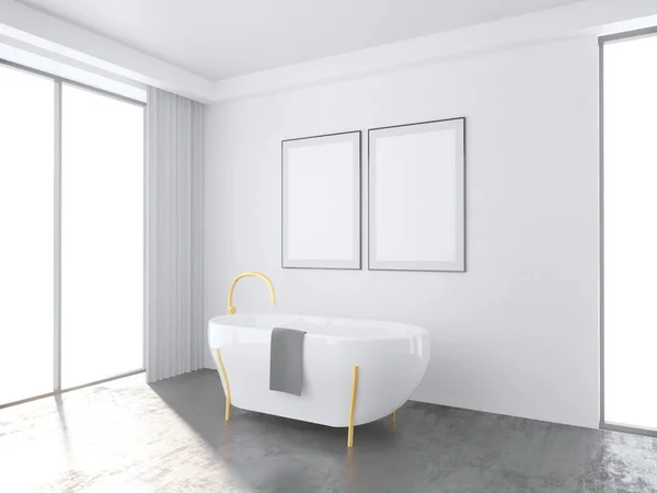 白色浴室内有全景窗户, 一个热带景观。3d 渲染模拟图 — 图库照片