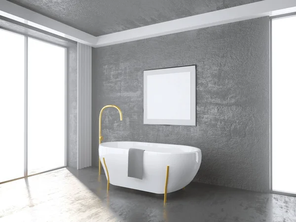 Bagno interno bianco con finestre panoramiche, vista tropicale. 3d rendering modello fino illustrazione — Foto Stock