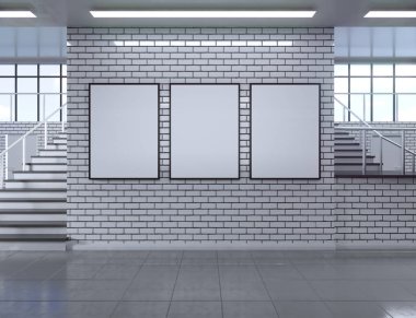 Modern okul koridor iç duvar boş posteri ile. Alay etmek yukarıya, 3d render illüstrasyon