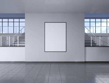 Modern okul koridor iç duvar boş posteri ile. Alay etmek yukarıya, 3d render illüstrasyon