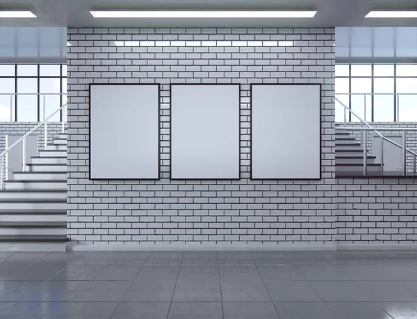 Moderno corridoio scolastico interno con poster vuoto sul muro. Mock up, Illustrazione 3D Rendering — Foto Stock