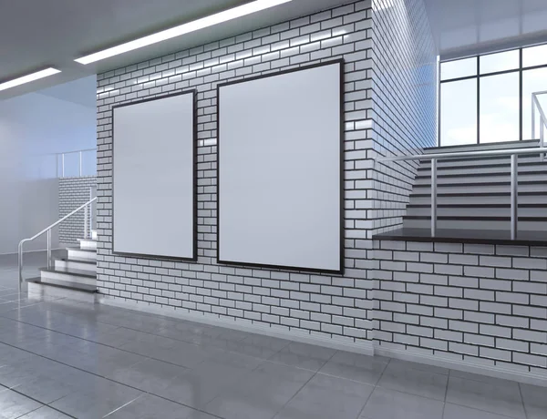 Interior moderno corredor escolar com cartaz vazio na parede. Mock up, ilustração de renderização 3D — Fotografia de Stock