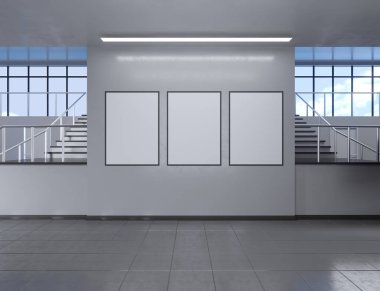 Modern okul koridor iç duvar boş posteri ile. Alay etmek yukarıya, 3d render illüstrasyon