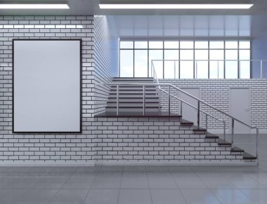 Modern okul koridor iç duvar boş posteri ile. Alay etmek yukarıya, 3d render illüstrasyon