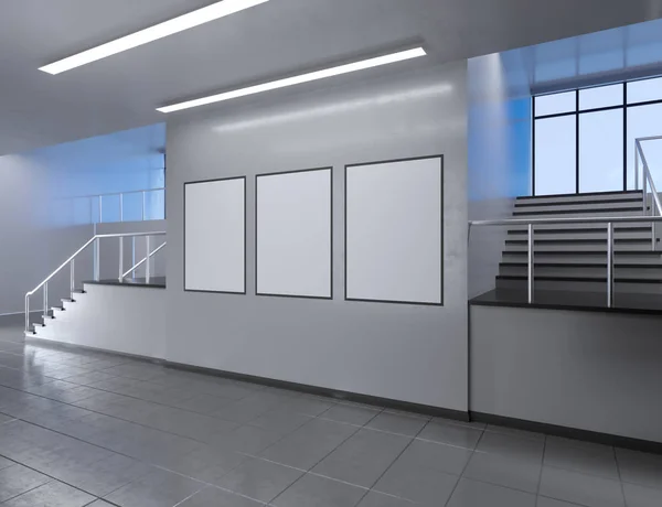 Modern school corridor interior with empty poster on wall. Mock up, 3D Rendering illustration