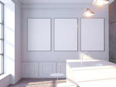 Çağdaş beton iç güneş ışığı ile boş poster ve şehir manzaralı. Alay etmek yukarıya, 3d render illüstrasyon