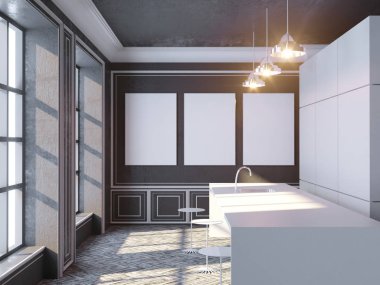 Çağdaş beton iç güneş ışığı ile boş poster ve şehir manzaralı. Alay etmek yukarıya, 3d render illüstrasyon