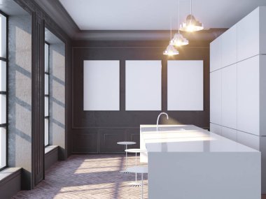 Çağdaş beton iç güneş ışığı ile boş poster ve şehir manzaralı. Alay etmek yukarıya, 3d render illüstrasyon