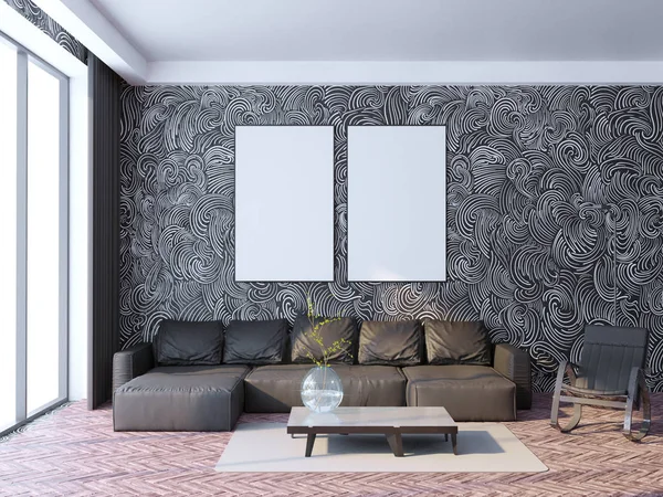 Vysmívat se rámeček a v bederní interiérových pozadí, skandinávský styl, 3d vykreslení 3d ilustrace — Stock fotografie