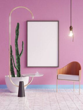 Art deco tarzı iç mockup Poster. 3D render. 3D çizim