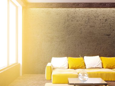 Çağdaş salon iç kanepe ve yastıklar, sehpa, alay, 3d render