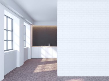 Beyaz ve siyah tuğla mutfak iç beyaz masa üstleri ve duvarın yanında saksılı bir bitki ile. 3D render illüstrasyon