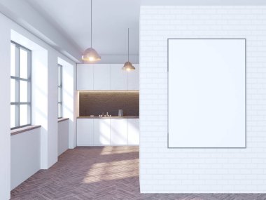 Beyaz ve siyah tuğla mutfak iç beyaz masa üstleri ve duvarın yanında saksılı bir bitki ile. 3D render illüstrasyon