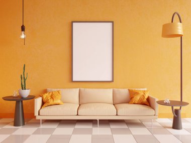 Yatay poster çerçeve, kanepe, lamba ve bitkiler ile sahte kadar. 3D render. illüstrasyon