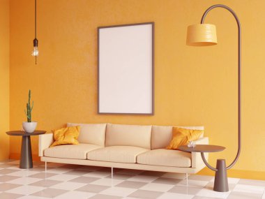 Yatay poster çerçeve, kanepe, lamba ve bitkiler ile sahte kadar. 3D render. illüstrasyon