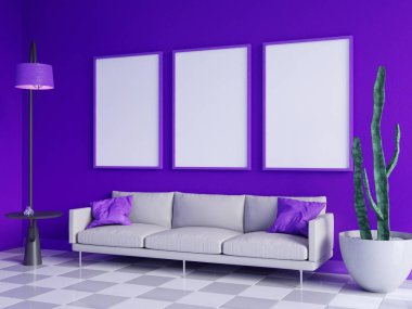 Yatay poster çerçeve, kanepe, lamba ve bitkiler ile sahte kadar. 3D render. illüstrasyon