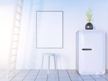 merdiven ve buzdolabına, siyah ve beyaz arka plan hipster, 3d render illüstrasyon ile beyaz düzen çerçeve