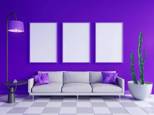 Horizontale Poster-Attrappe mit Rahmen, Sofa, Lampe und Pflanzen. 3D-Darstellung. Illustration — Stockfoto